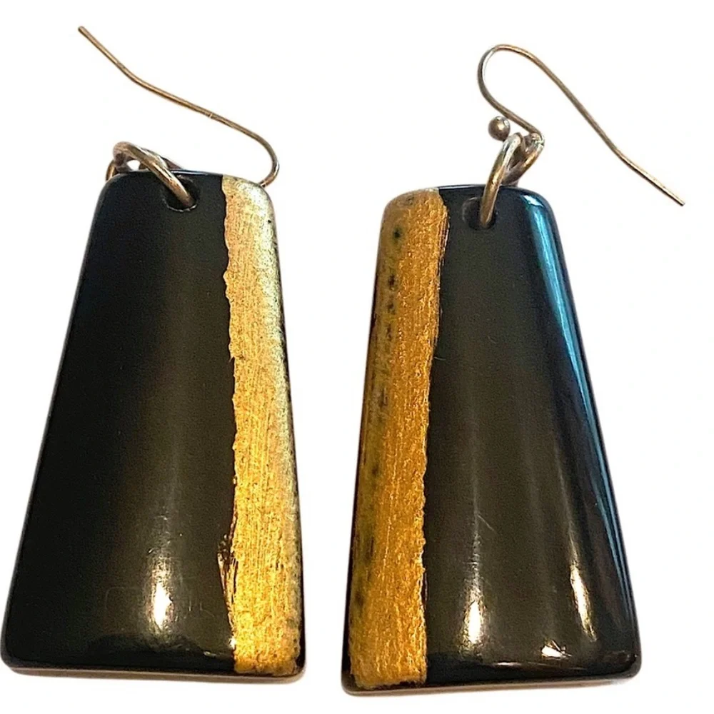 MCM vintage Earrings Wood triangles, painted black w gold. Drop, pierced, hook